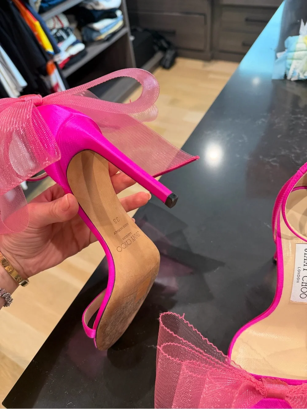 Jimmy Choo Hot Pink Tulle Bow Ankle-Strap Heels
